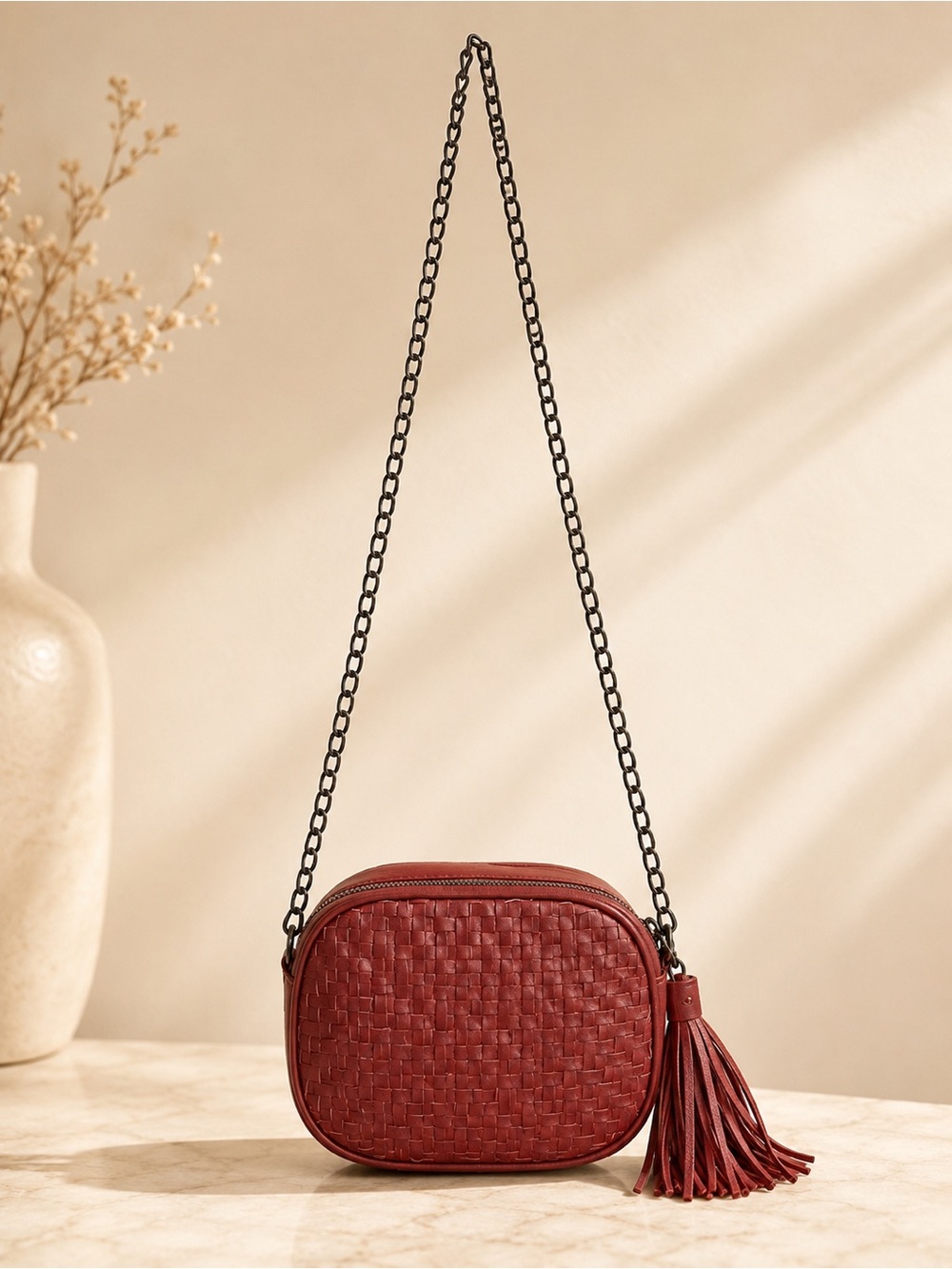 Anthropologie Burgundy Woven Leather Crossbody Bag Tassel Chain Strap Boho